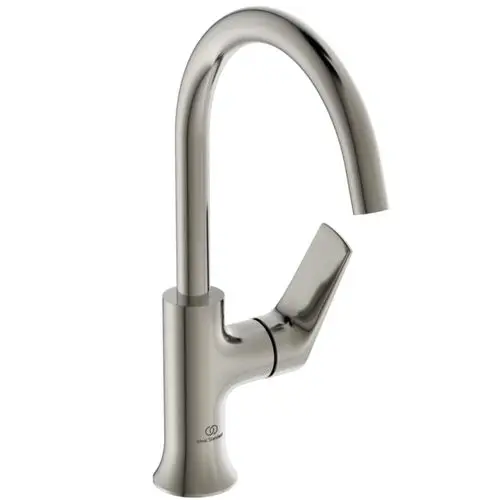 Waschtischarmatur von Ideal Standard mit gebogenem Auslauf und seitlichem Hebel für die Temperaturregelung in Edelstahloptik.